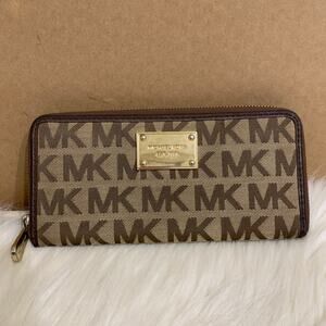 MICHAEL KORS JET SET Khaki/Brown Logo Canvas Zip Around Accordion Wallet